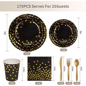 Set di Stoviglie Usa e Getta con Pois Dorati e Neri, 175 Pezzi per 25 Ospiti, Piatti di Carta da 9 e 7 Pollici, Kit per Feste - Product Image 2