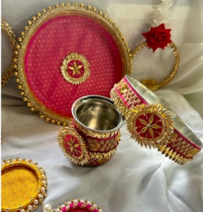 Beautiful Karwa Chauth Puja Thali Set Handmade Decorative Steel Kalash Lota Wedding Gift Festival Home Decor Traditional Set - Product Image 1