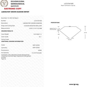 เพชรทรงคุชชั่น 1.03 กะรัต สี D VS1 เพชรเพาะเลี้ยงในห้องปฏิบัติการ รับรองโดย IGI สำหรับทำเครื่องประดับ - Product Image 3