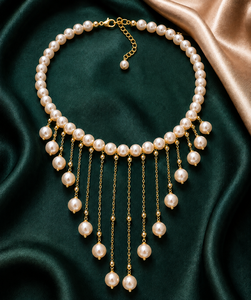 Elegant Women's cultured Pearl Tassel <b>Statement</b> <b>Necklace</b> Gold Plated Wedding Jewelry Round Bead Design - Product Image 2