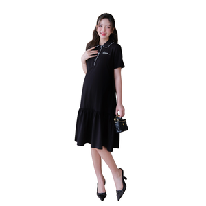 Robe de maternité V708 anti-rétrécissement, absorbante, en coton doux, excellente absorption, tenue décontractée avec broderie nœud, excellent choix pour l'été - Product Image 1