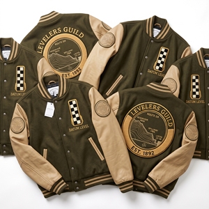 Veste universitaire en laine avec manches en cuir, broderie Chronometer, patch Fusee Drive, bleu ardoise, pour revendeurs en gros - Product Image 5