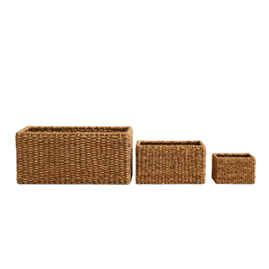 Ensemble de 3 paniers de rangement rectangulaires en jonc de mer naturel, faits à la main et écologiques, bacs organisateurs gigognes en osier pour le rangement domestique - Product Image 1