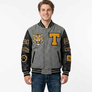 Blouson universitaire américain pour homme, coupe oversize, avec lettres en chenille et broderies multi-patches, style bomber, streetwear décontracté - Product Image 4