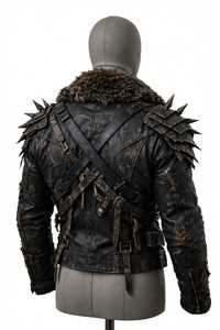 Chaqueta de cuero desgastada para hombre con cuello de piel y hombros con púas - Product Image 6