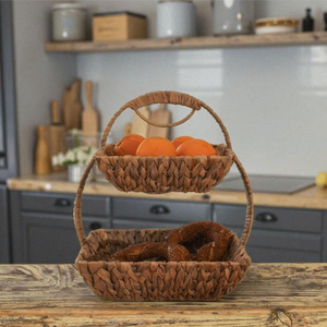 Cesta de frutas cuadrada de 2 niveles hecha a mano con jacinto de agua, bandeja de almacenamiento tejida para organización de cocina - Product Image 4