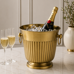 Deco Ribbed Brass <b>Champagne</b> <b>Bucket</b> with Dual Ring Handles Premium Ice Chiller for Wine Service Home Bar Display - Product Image 1