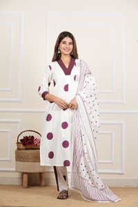 Conjunto de Kurta para Mujer, de Algodón Blanco Cambray con Estampado de Puntos, Largo hasta la Pantorrilla, Cuello en V, Secado Rápido, Detalles Kantha, Tres Cuartos - Product Image 6