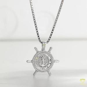Collier pendentif de luxe en argent 925 avec roue de bateau, ancre et moissanite, plaqué or 14 carats, cadeau unisexe pour hommes/femmes - Product Image 1