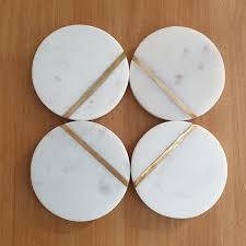 Posavasos de mármol blanco ecológicos al por mayor con incrustaciones de latón de lujo, juego de 4 posavasos redondos de piedra natural hechos a mano para café - Product Image 3