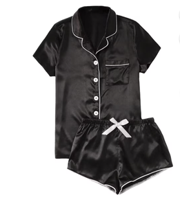 Summer Pajamas for Women Women's Casual Solid Silk Satin Pajama Set <b>Short</b> Sleeve Button Up Top & <b>Shorts</b> Sleepwear - Product Image 1
