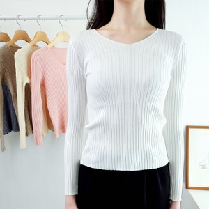 T-shirt à col en V en tricot de golf à manches longues pour femmes pour l'automne et le printemps Tops en tricot à la mode - Product Image 1