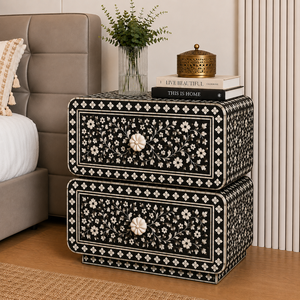 Table de chevet de style marocain en résine avec incrustations de os, tiroirs et étagère, meuble de chevet bohème, table d'appoint luxueuse pour l'intérieur - Product Image 4