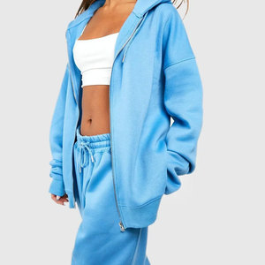 Ensemble de survêtement bleu pour femme, sweat-shirt à capuche à manches longues avec fermeture éclair, pantalon de jogging à taille élastique, style décontracté printemps, couleur unie - Product Image 4