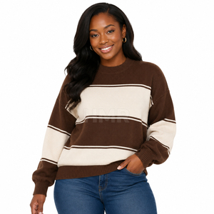 HMR Sisterhood Sorority Acrylic Brown Cream Striped Knitted Sweater Crew Neck Long Sleeve Casual Top Winter Wear - Product Image 1