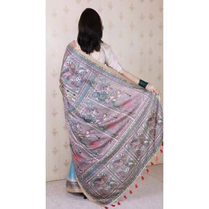 Sari en soie Tussar bleu ciel Elite Weaves, imprimé Madhubani, avec bordure tissée Zari, pour tenue de soirée élégante - Product Image 4