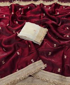 Traditional Indian <b>Red</b> Silk Saree With Gold Embroidery And Cream <b>Blouse</b> <b>For</b> Wedding Wear <b>Women's</b> Floor-Length Regular Fit - Product Image 3