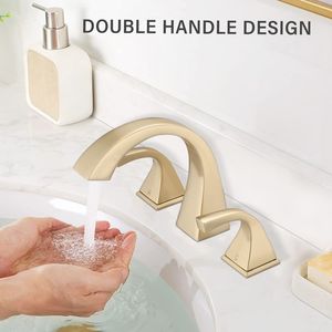 Rubinetto per Lavabo Bagno a 2 Maniglie in Oro Spazzolato con Scarico, Rubinetti Premium per Lavabo - Product Image 3