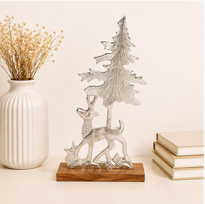 Antique Nickel Reindeer Figurine & Metal <b>Tree</b> Scene High-Quality Aluminum Nordic Style Christmas Sculpture With Wooden Base - Product Image 2