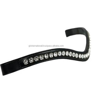 Bandeau de tête pour bride de cheval en cuir anglais noir, décoratif, avec cristaux transparents exclusifs en une seule rangée, pierres scintillantes et brillantes - Product Image 1
