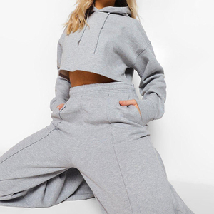 Wholesale Custom Winter Solid Casual Cotton Women's <b>Sweat</b> Suit Crop <b>Top</b> Hoodie Fleece Tracksuit with Custom Logo Printed - Product Image 3
