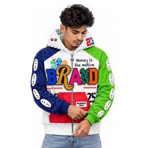 Sweat à capuche zippé pour homme BRAND, manches raglan, design imprimé streetwear, logo coloré sur le devant, respirant, en polyester, coupe classique, collection 2025 - Product Image 5