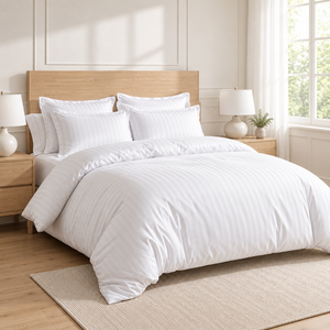 Parure de lit en coton rayé blanc 4 pièces, housse de couette, taies d'oreiller, drap-housse, 400TC, respirant, style simple, 1,8 m - Product Image 2