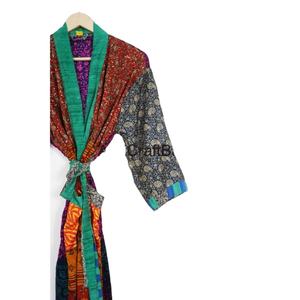 Women's Elegant <b>Kimono</b> Comfortable <b>Long</b> Silk <b>Robe</b> V-neck Drawstring Closure Patchwork Design Breathable Soft Quick Dry Knitted - Product Image 5
