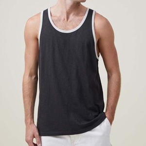 <b>Men's</b> Solid Color Knitted Tank Top O Neck Casual Sleeveless <b>Vest</b> 100% Cotton Brown with <b>White</b> Trim - Product Image 5