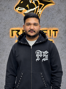 Sweat à capuche zippé noir pour homme, coupe oversize streetwear, en coton tricoté, idéal pour l'automne, avec broderie et strass – Nouveauté - Product Image 6