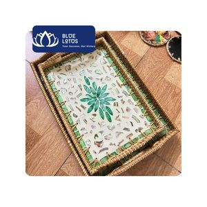 [BEST SELLING] BLUE LOTUS Glory Model Pearl Inlay Rattan Rectangle Tray for Serving <b>Cups</b> Snacks Table Presentation Asian Zen - Product Image 1
