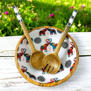 Juego de Tazones para Ensalada de Madera Hechos a Mano con Interior Esmaltado Verde con Puntos y Servidores a Juego para Decoración de Cocina y Comedor - Product Image 6