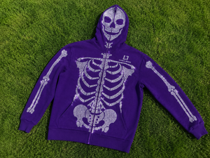Men’s Purple Rhinestone Skeleton Hoodie <b>Jacket</b> with Full Zip Balaclava Mask Crystal Skull Bone Design <b>Gothic</b> Hip Hop Streetwear - Product Image 6