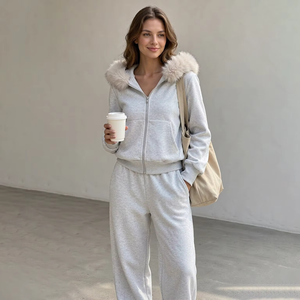 Ensemble de survêtement d'hiver pour femme, veste à capuche zippée épaisse avec bordure en fourrure et pantalon de survêtement long, tenue décontractée 2 pièces - Product Image 2