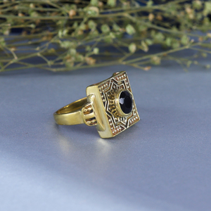 Geometric Onyx Signet <b>Ring</b> <b>Gold</b> Plated Brass Statement <b>Ring</b> - Product Image 3