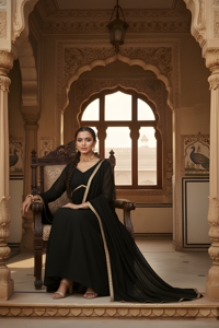 Ensemble Kurta et Dupatta Noir Uni Festif en Tissu Georgette avec Bordure en Dentelle, Manches Longues, Longueur Cheville, pour Grossistes - Product Image 2