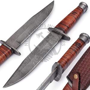 New Edition Custom Handmade 13" Damascus Steel Bowie Knife Collectible Fixed Blade Knife w/Leather Handle Outdoor <b>Hunting</b> Knife - Product Image 5