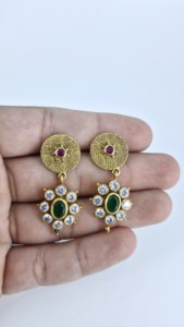 Jaipur Heritage Gold Plated Dangle Drop <b>Earrings</b> Natural Emerald Green Ruby <b>Red</b> Stone Pearl Flower <b>Earrings</b> for Women Wedding - Product Image 3