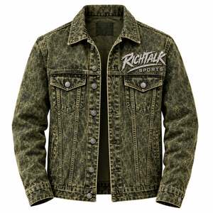 Men's Distressed Denim <b>Jacket</b> with <b>Sequined</b> Logo Casual Button Fly Regular Fit Winter Streetwear Waterproof Cotton Woven Coat - Product Image 1