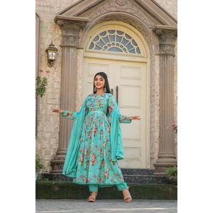 DISEÑADOR CHINON ESTAMPADO TRABAJO CON CUELLO PATRÓN VESTIDO INFERIOR CON DUPATTA VERDE MAR - Product Image 2