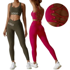 Ensemble de yoga 2 pièces pour femme : Leggings côtelés taille haute et brassière de sport dos croisé, respirant, sans couture, couleur unie - Product Image 1
