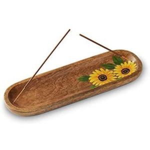 Support à encens en bois de manguier naturel, peint à la main motif tournesol, avec cendrier pour bâtonnets d'encens, pour la maison et le spa - Product Image 1
