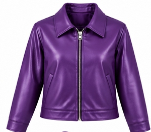 Chaqueta de Cuero Genuino Morada para Mujer, Chaqueta Corta Estilo Motociclista con Cuello Camisero y Cierre de Cremallera - Product Image 1