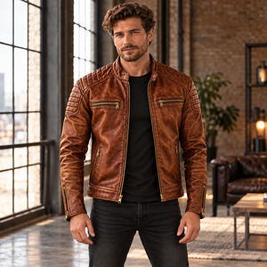 Chaqueta de moto de cuero genuino para hombre en negro, diseño texturizado con paneles acolchados en los hombros, cremalleras de latón, puños con cremallera y bolsillos - Product Image 4