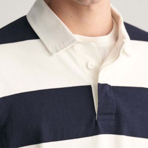 Men's Long Sleeve Striped Cotton <b>Polo</b> Shirt Casual Knitted Breathable Regular Fit Navy <b>White</b> - Product Image 3