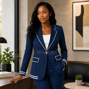 Blazer en laine de luxe Cosh International, vêtements grecs pour sororités et fraternités, manteau bleu marine avec bordure blanche, double boutonnage, col en V - Product Image 3