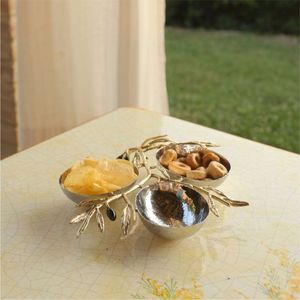 Luxury Gold Olive Branch 3-Tier Serving Bowl | Hammered Metal <b>Snack</b> Nut Dish | Decorative Centerpiece Condiment Server for Party - Product Image 1