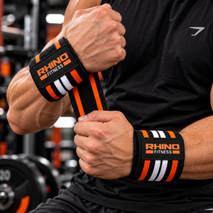 Bandes de maintien pour poignets Rhino Fitness en coton camouflage avec impression réfléchissante noir-orange, support pour haltérophilie, fermeture auto-agrippante - Product Image 3