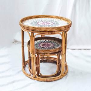 Rattan <b>Nesting</b> Coffee <b>Table</b> With Mosaic Top Tropical Modern Living Room Furniture - Product Image 1