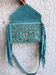 Nouveau concepteur usiné à la main frange sac à main en cuir véritable à la main sculpture outillage couleur Turquoise sac à bandoulière sacs élégants occidentaux - Product Image 4